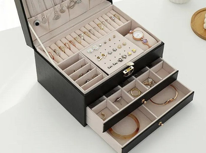 BowLift | Jewelry Box Leather | Lockable Multi-Layer Storage Organizer
