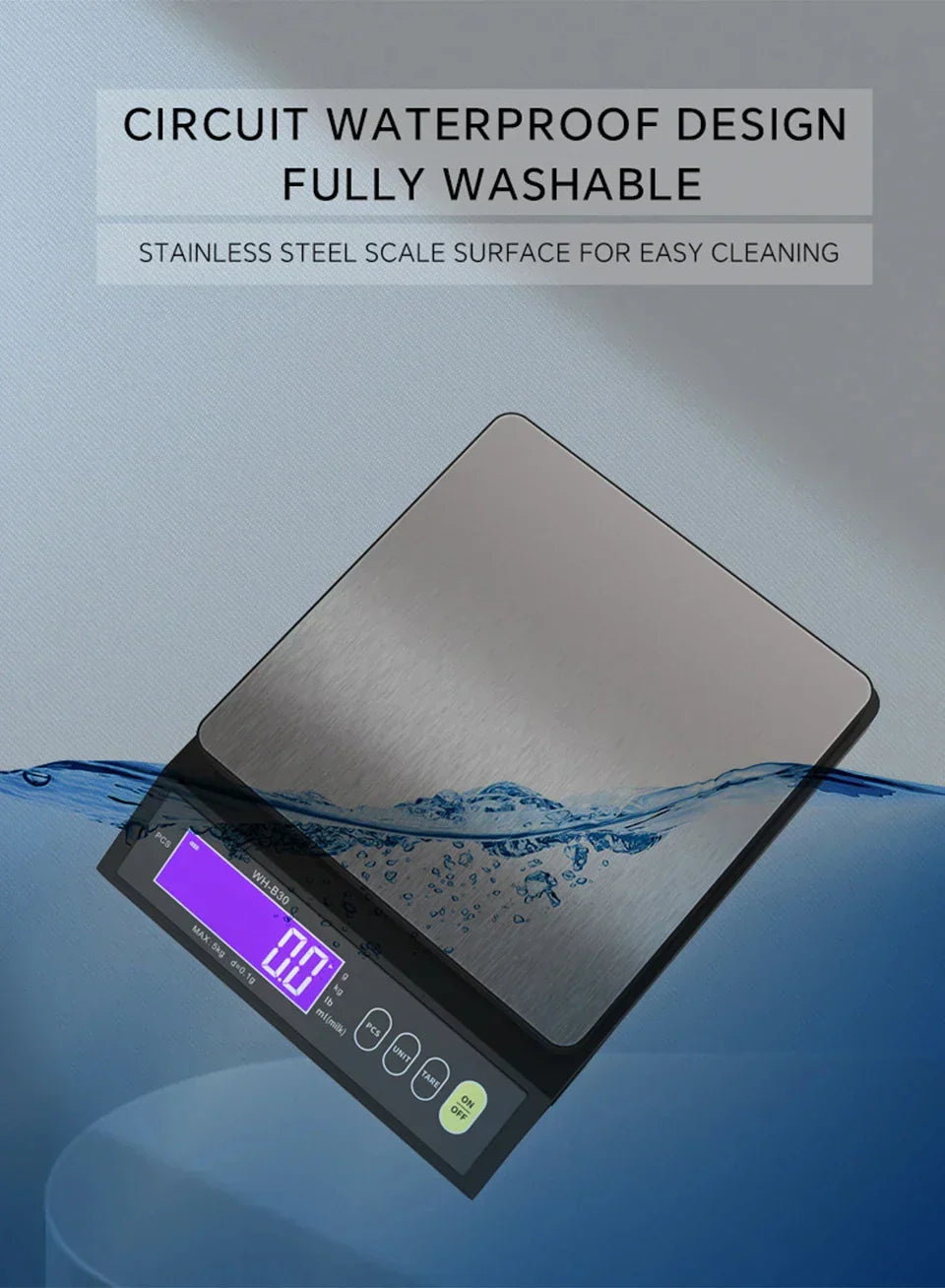 BowLift | 5 kg/0.1 g and 10 kg/1 g digital electronic kitchen scale, LCD display, fully waterproof stainless steel weighing tool for baking