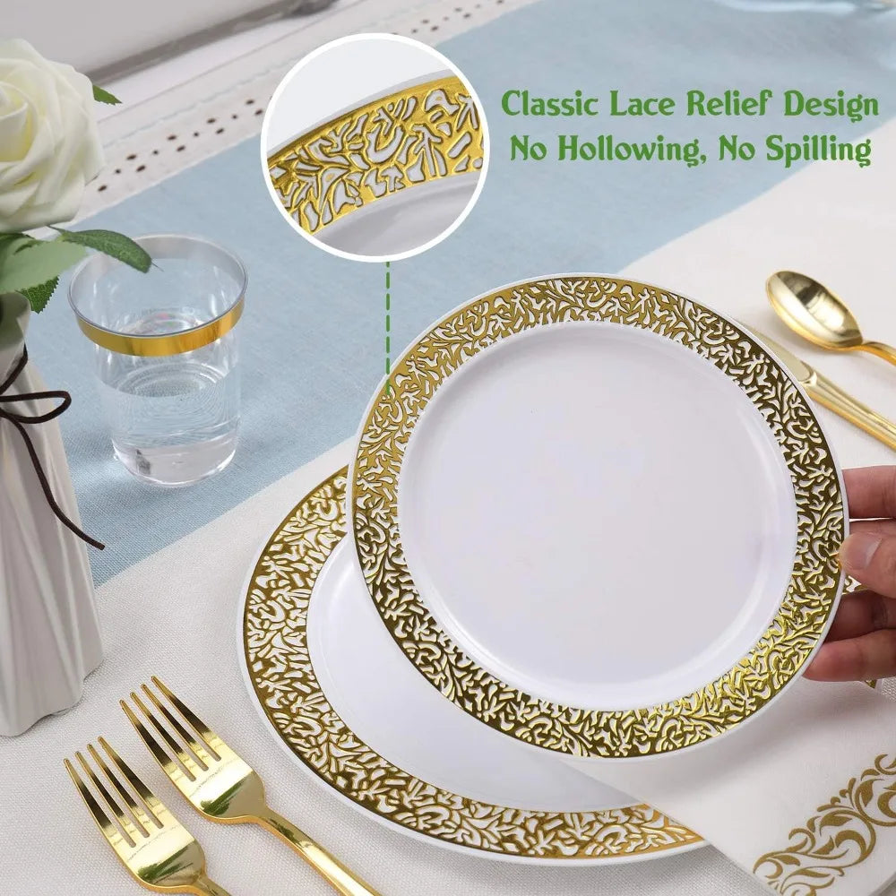 BowLift | 350pcs Disposable Gold Lace Dinnerware Set for 50 Guests