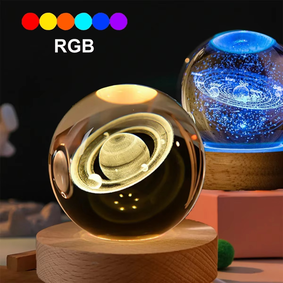 BowLift | 2.36 in RGB Crystal Ball Night Light with Milky Way and Moon - Cosmos-Inspired Bedside Decoration