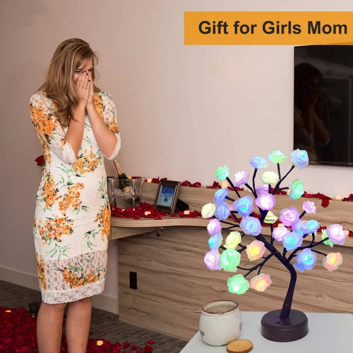 BowLift | RGB Rose Flower Tree Lights 24LED USB Battery Table Lamp Fairy Night Light Home Party Christmas Wedding Bedroom Decoration Gift