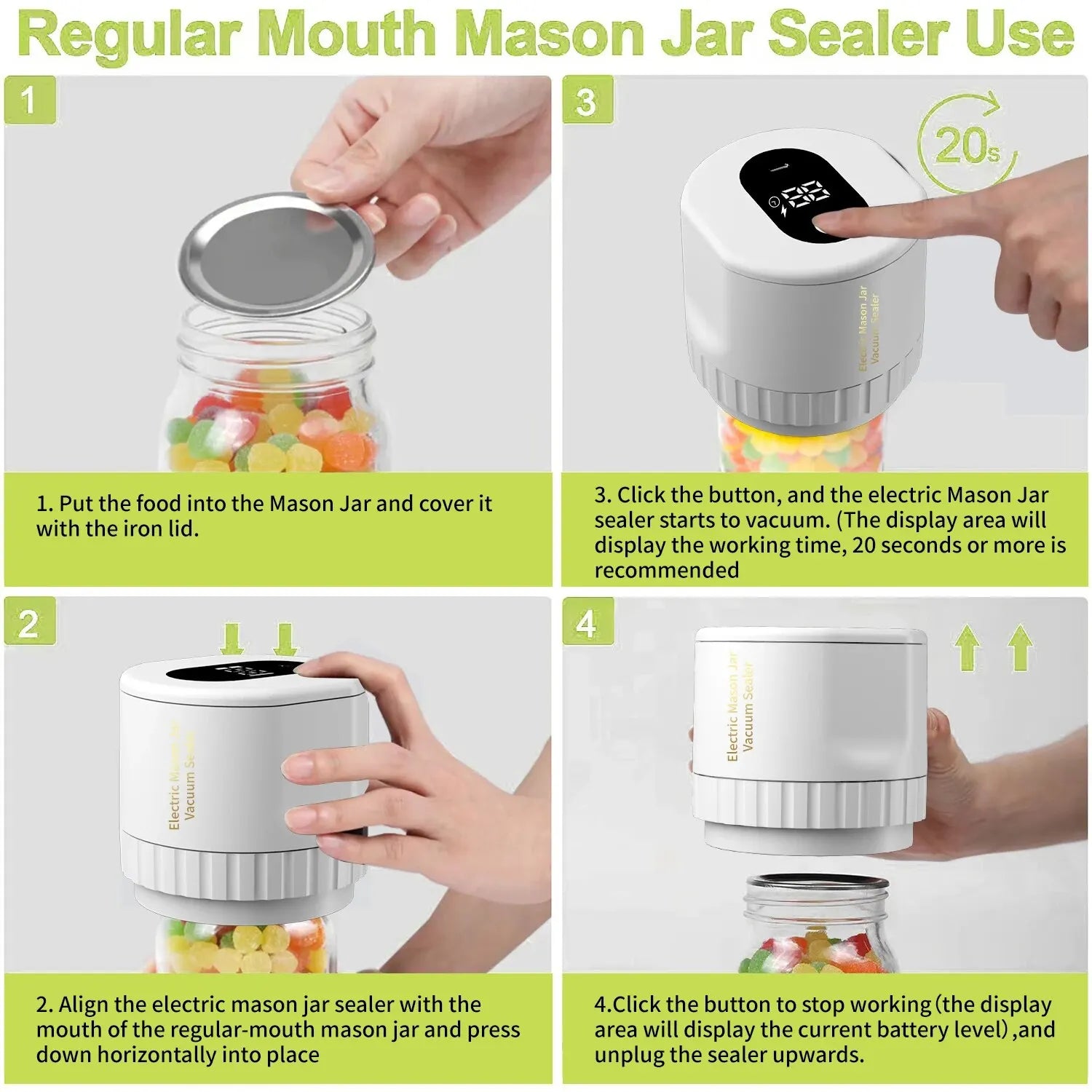 BowLift | Electric Mason Jar Vacuum Sealing Set - Cordless Sealer for Wide Mouth and Regular Mason Jars - Ideal for Food Storage