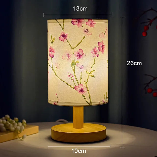 BowLift | Dimmable LED bedside lamp with fabric shade in plum blossom – Perfect bedroom night lamp