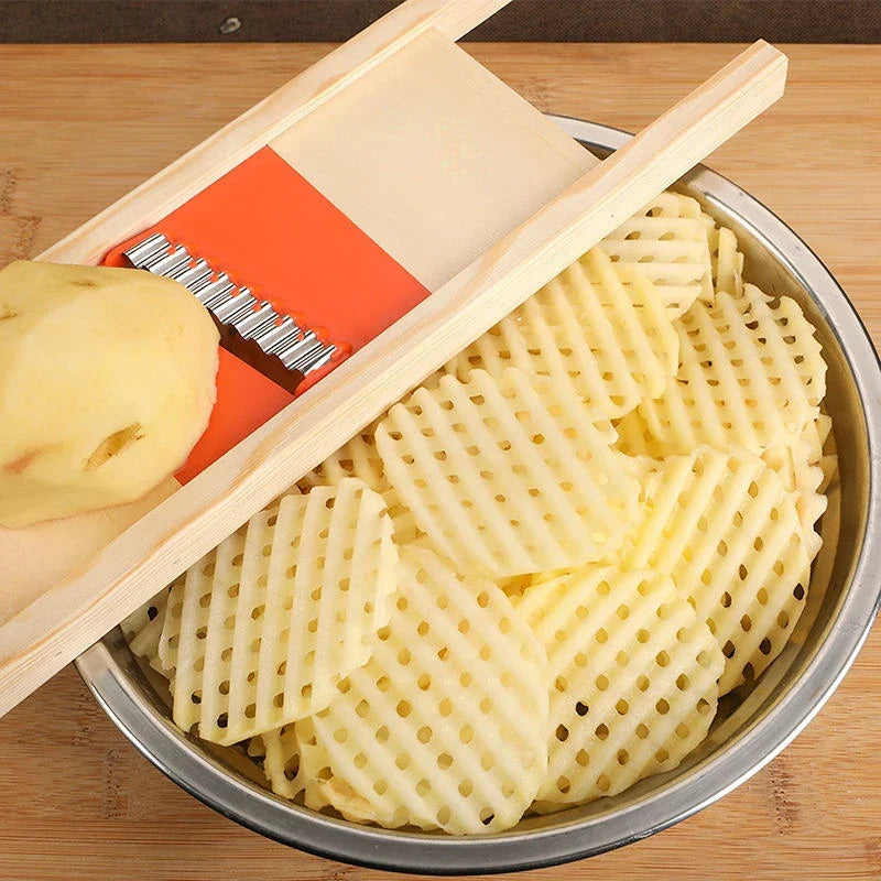 BowLift | CrissChef Potato Slicer | Grid Shape & Stainless Steel | Creative Vegetable Chips | Wooden Handle
