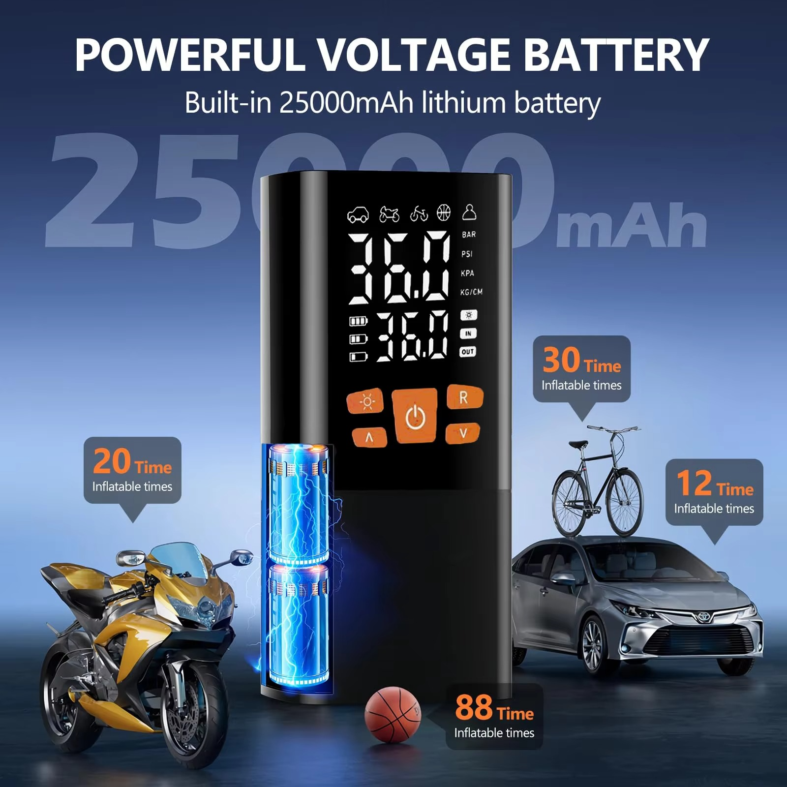 BowLift | Portable Tire Inflator Air Compressor, 180 PSI Rechargeable Pump with 25000mAh Battery