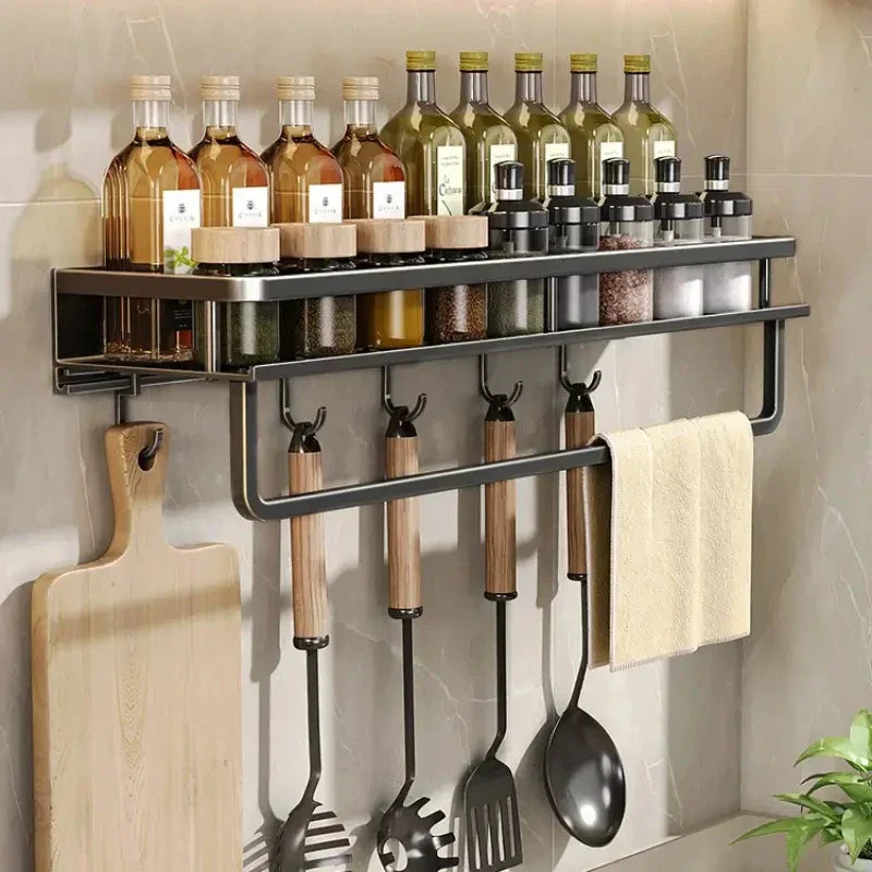 BowLift | Black Wall-Mounted Kitchen Rack – Spice Shelf with Utensil Hook Bar