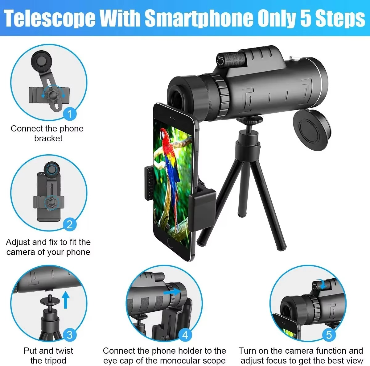 BowLift | 40x60 HD Monocular Telescope with Smartphone Holder and Tripod for Outdoor and Camping