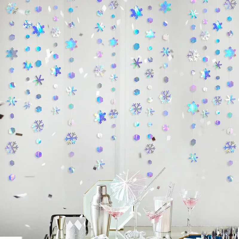 BowLift | Snowflake Garland FrostGleam | 4 m Holographic Winter Decoration | Iridescent Snowflake Banner for Christmas, Wedding & Party