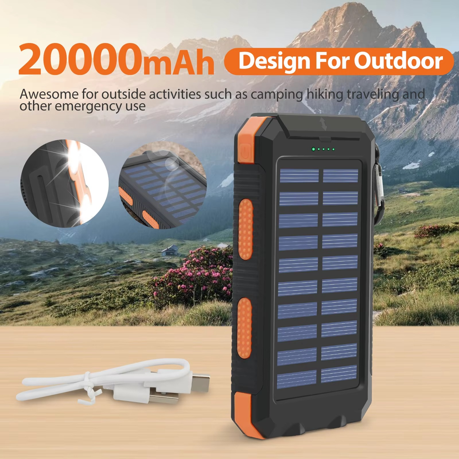 BowLift | 20000mAh Portable Solar Power Bank with Dual USB and LED Flashlight