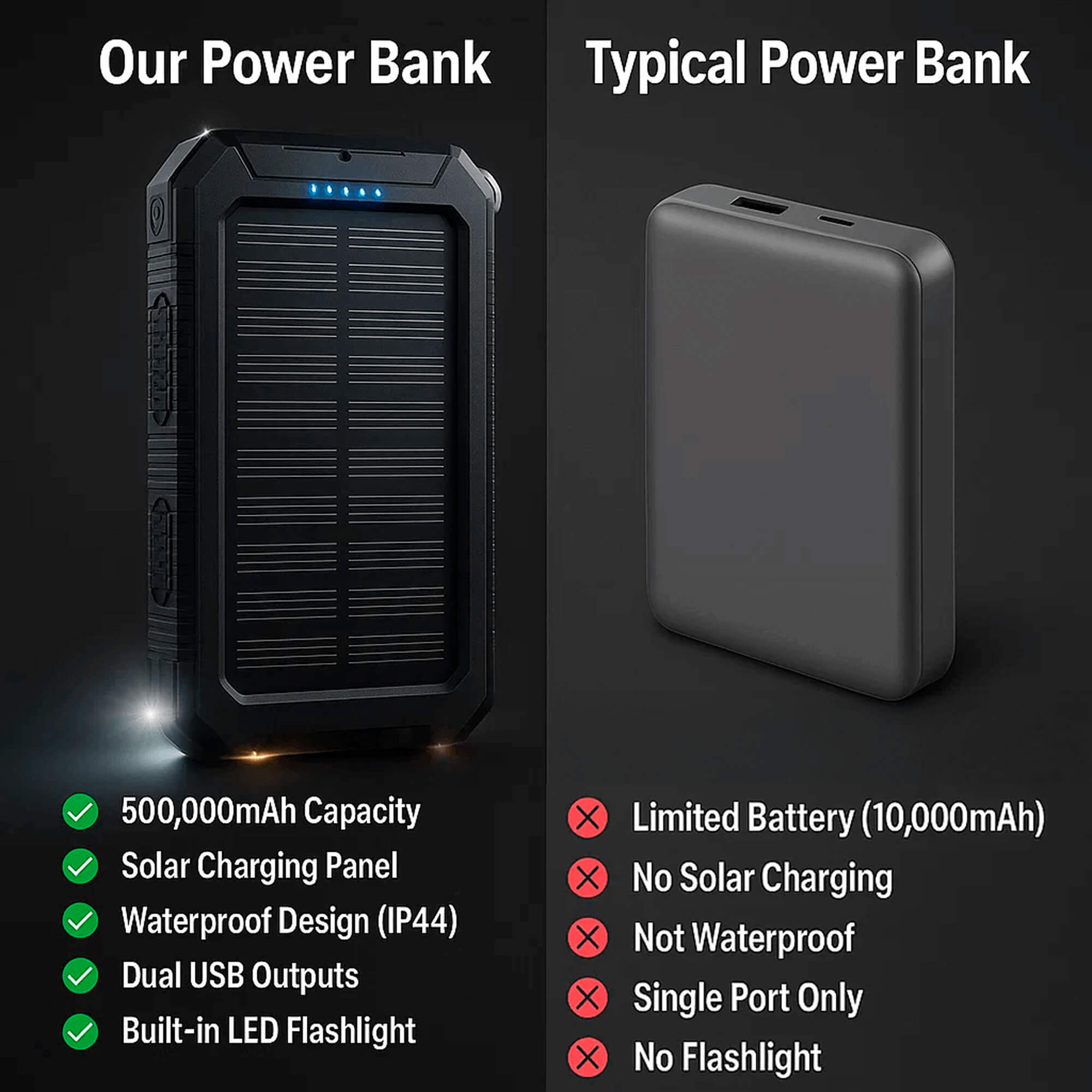 BowLift | 500000mAh Solar Charger Waterproof Power Bank External