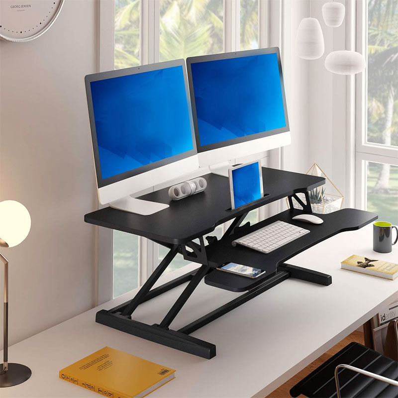 BowLift | Height Adjustable Standing Desk, Standing Desk Desktop Workstation For Laptop Dual Monitor Stand Black