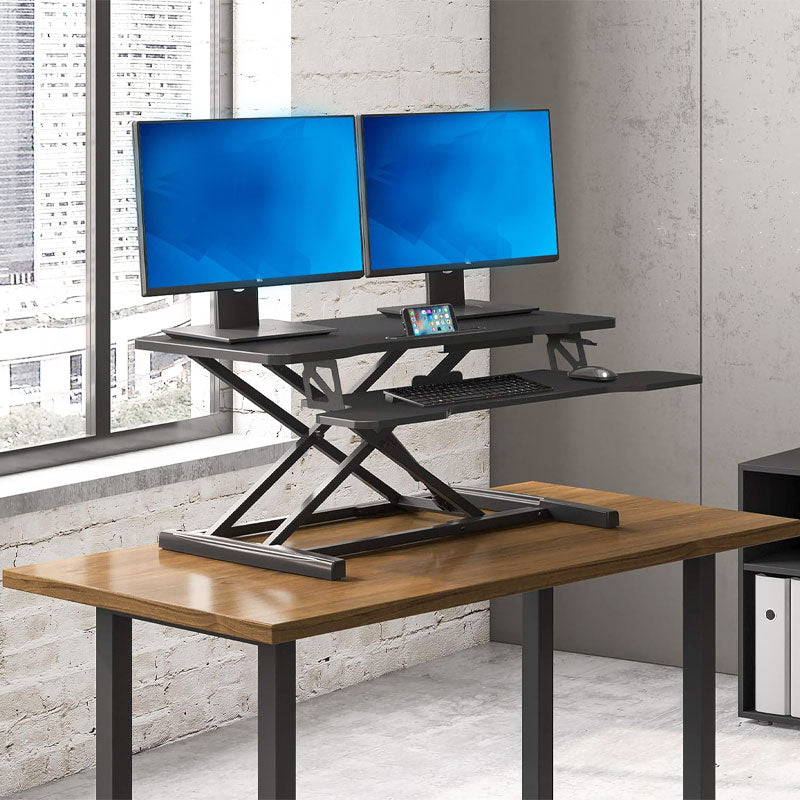 BowLift | Height Adjustable Standing Desk, Standing Desk Desktop Workstation For Laptop Dual Monitor Stand Black