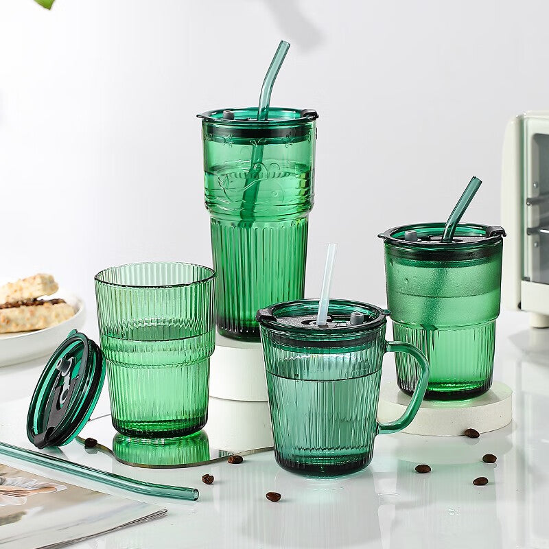BowLift | Water Cup Straw Cup Glass Cup With Lid Juice Drink Milk Tea Cup, Office 2 Pieces-Emerald Green-410ml
