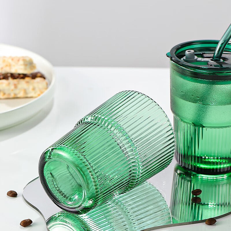 BowLift | Water Cup Straw Cup Glass Cup With Lid Juice Drink Milk Tea Cup, Office 2 Pieces-Emerald Green-410ml