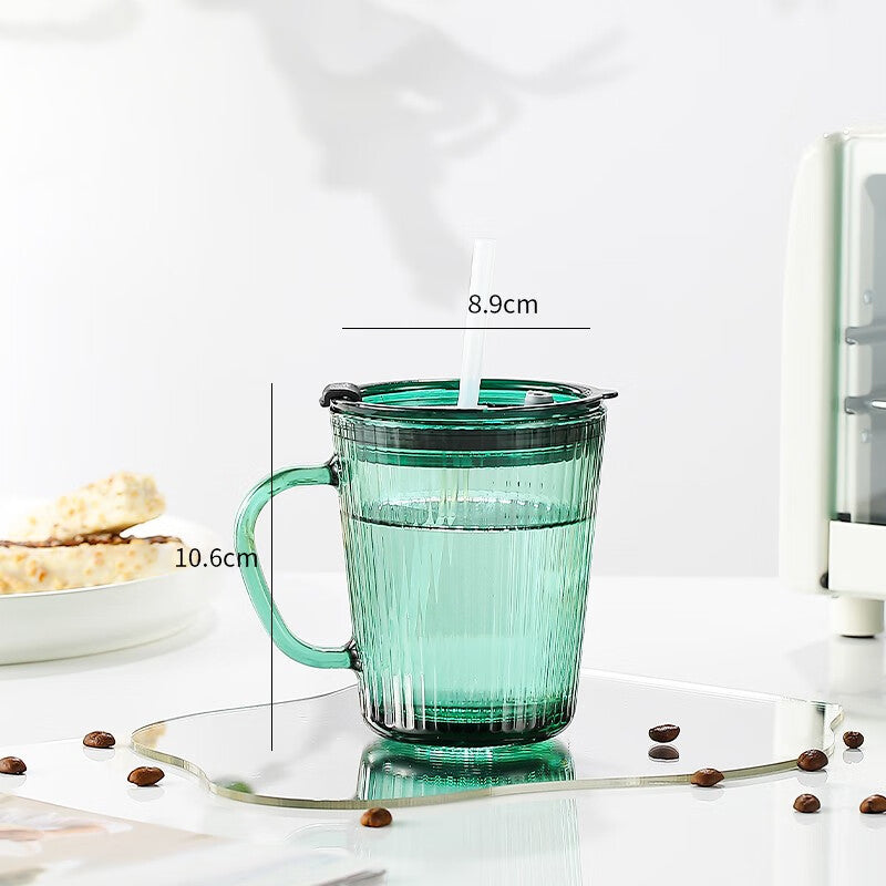 BowLift | Water Cup Straw Cup Glass Cup With Lid Juice Drink Milk Tea Cup, Office 2 Pieces-Emerald Green-410ml