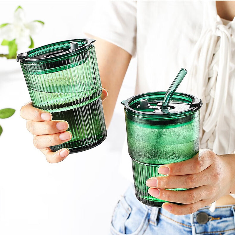 BowLift | Water Cup Straw Cup Glass Cup With Lid Juice Drink Milk Tea Cup, Office 2 Pieces-Emerald Green-410ml