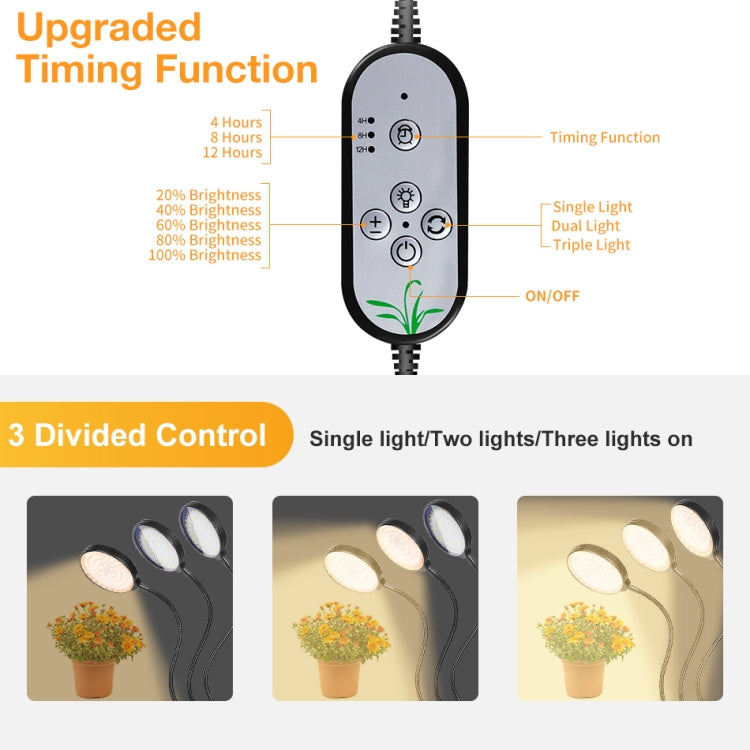 BowLift | LED Plant Growth Lamp USB Remote Control Clip Waterproof Full Spectrum Natural White Seedling Plant Light, Power: 45W Three Heads