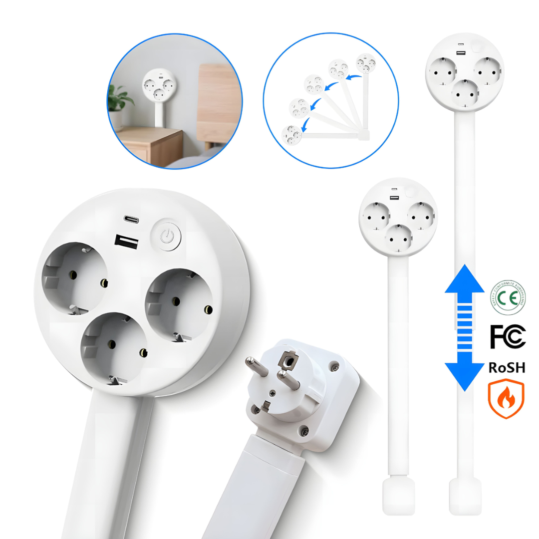 BowLift | Extendable Wall Socket Arm – Flexible Power Source with USB and Rotation
