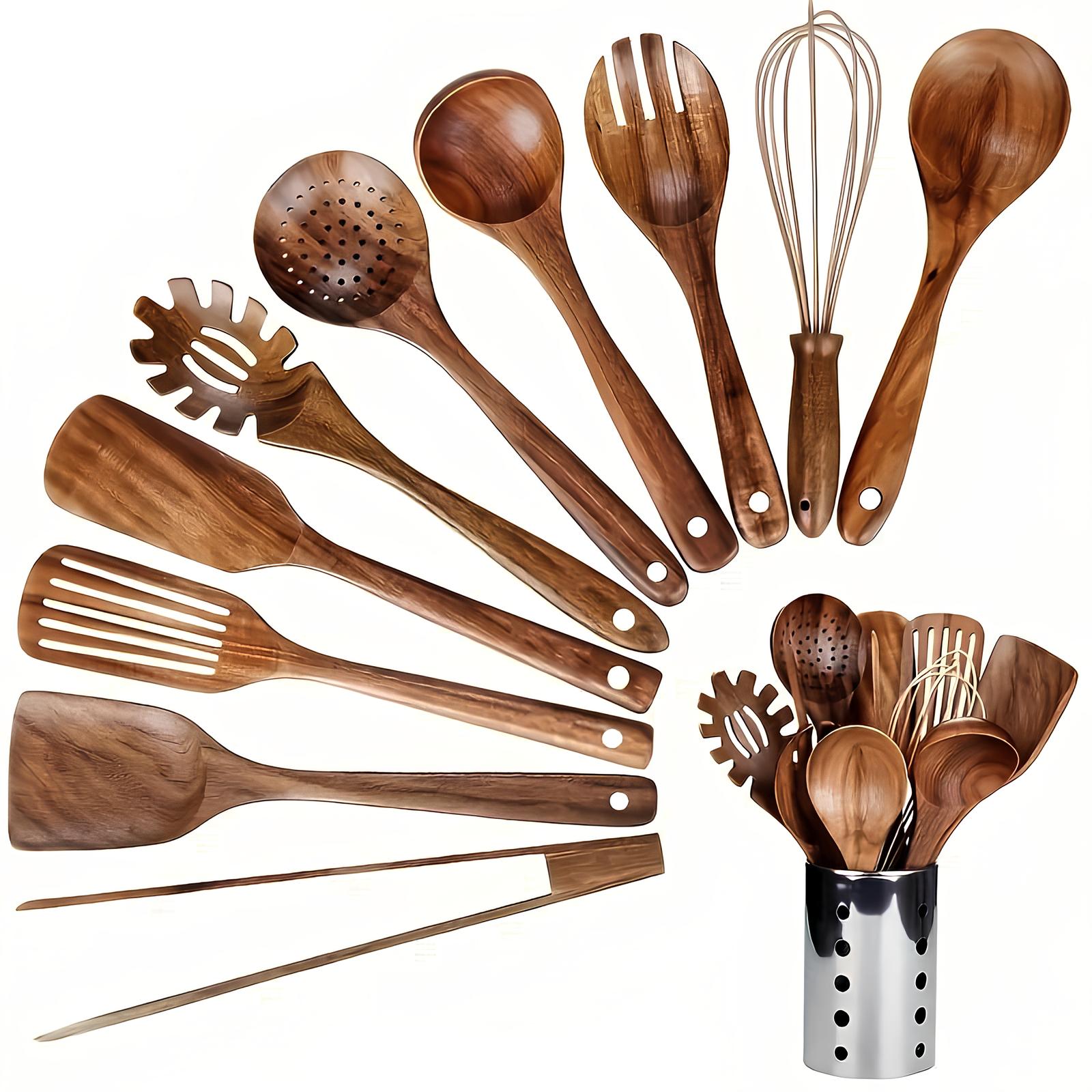BowLift | 11-Piece Kitchen Utensil Set Made of Teak – Including Holder – Natural Look for the Kitchen
