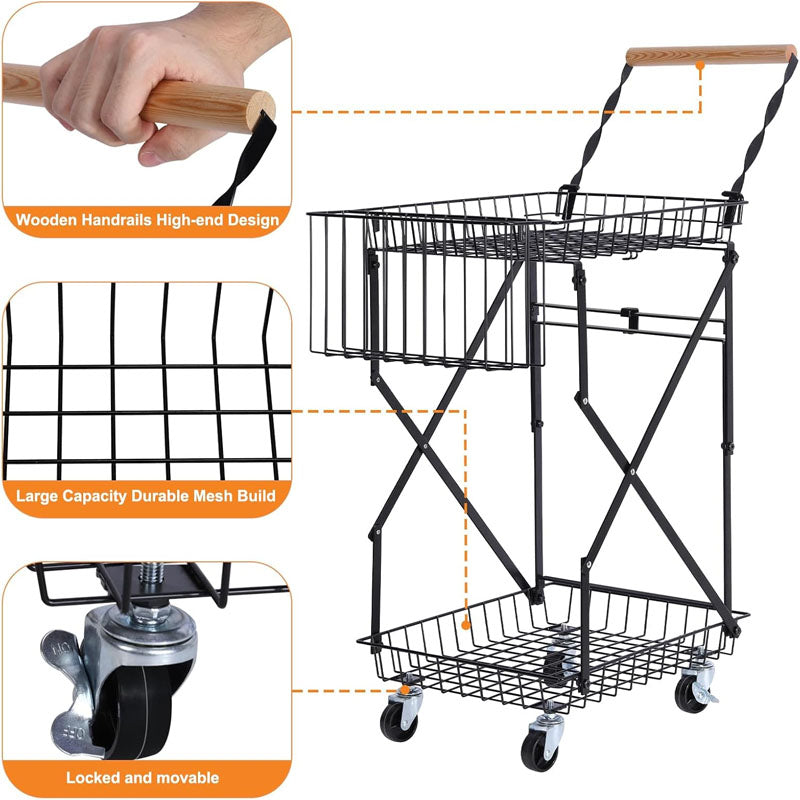 BowLift | 2-Tier Utility Carts Multi Use Functional Collapsible Carts with 360 ° Swivel Wheels Lockable Trolley