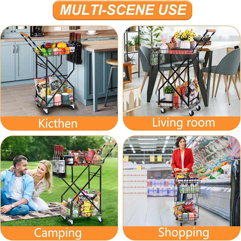 BowLift | 2-Tier Utility Carts Multi Use Functional Collapsible Carts with 360 ° Swivel Wheels Lockable Trolley