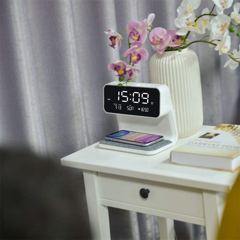 BowLift | 3-in-1 Bedside Lamp with Wireless Charger – LCD Alarm Clock & Touch Dimmable LED Table Lamp