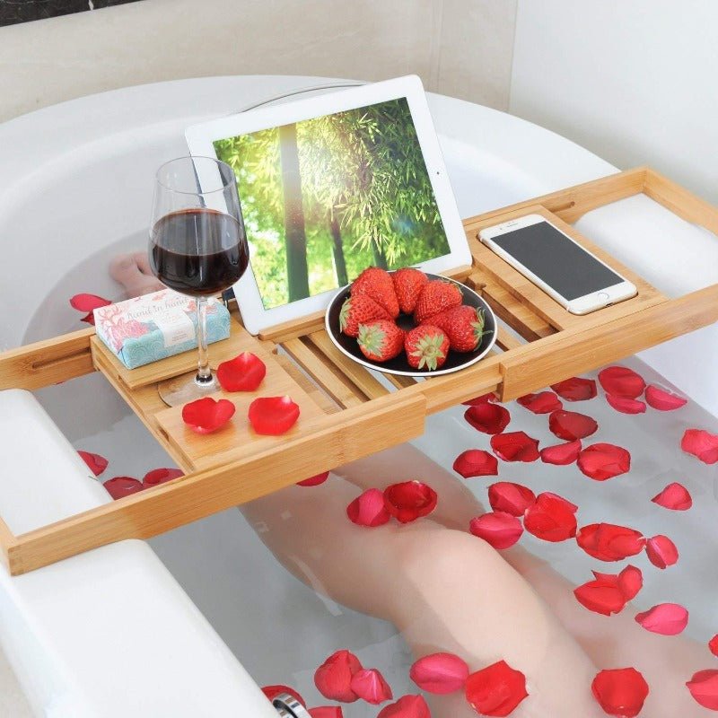 BowLift | Aurevo Bamboo Bath Caddy | Extendable luxury bathtub tray with wine glass & book holder