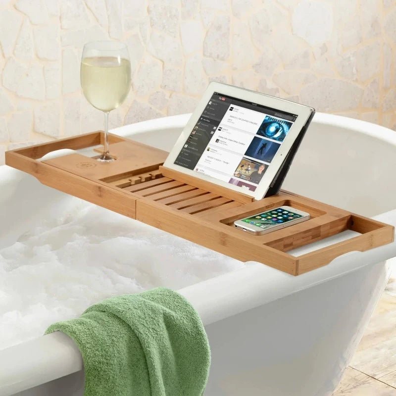 BowLift | Aurevo Bamboo Bath Caddy | Extendable luxury bathtub tray with wine glass & book holder