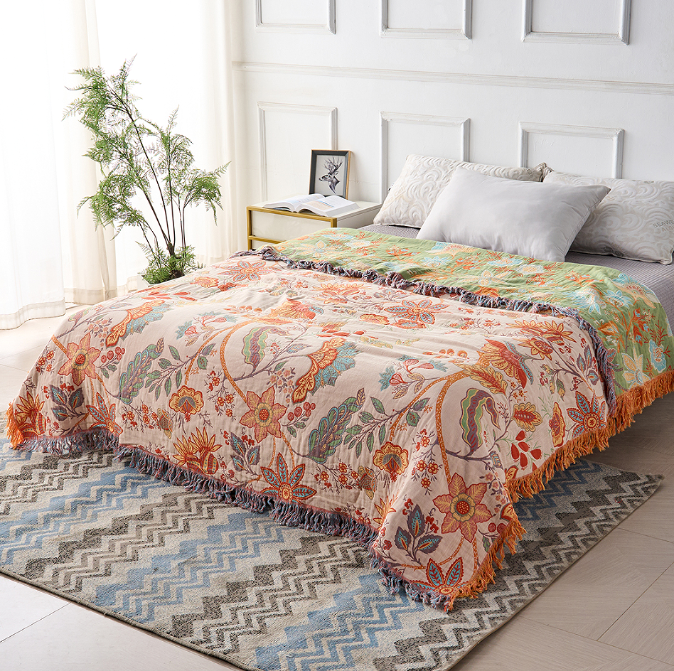 BowLift | Boho Floral Cotton Throw Blanket with Fringe – Cream & Orange
