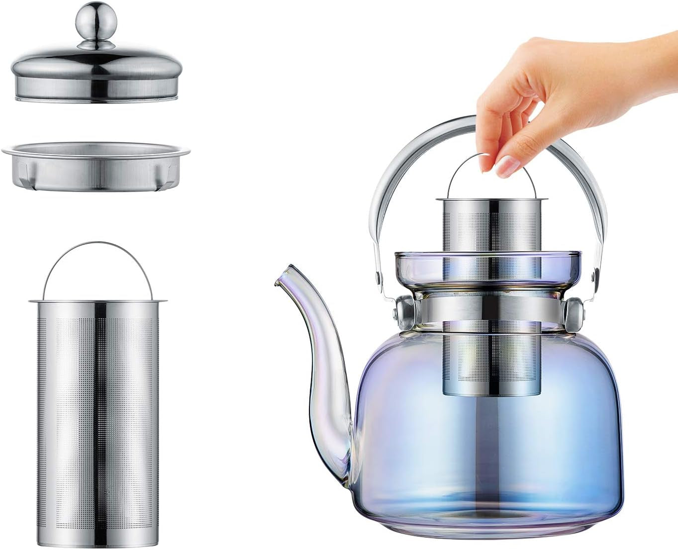 BowLift | 50 Oz(1500Ml) Glass Teapot with Lid, Removable Stainless Steel Tea Strainer and Handle, Stovetop Safe Tea Maker for Blooming and Loose Leaf Tea (Iridescent)