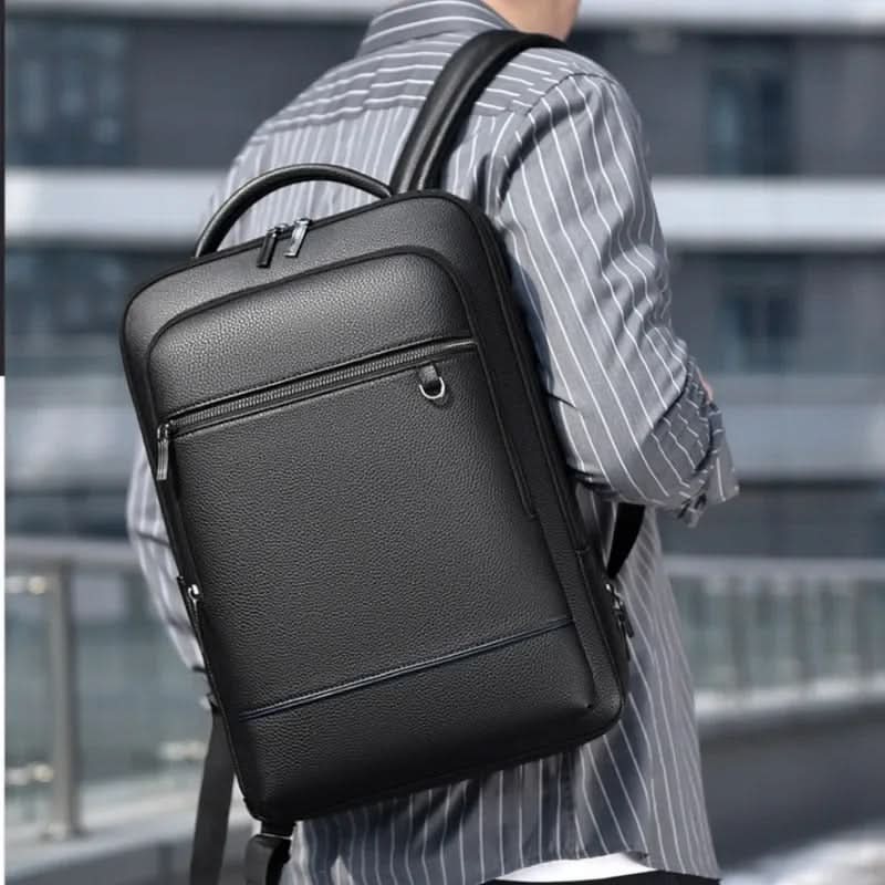 BowLift | Elegant leather rucksack for men/women with USB port for laptop and everyday use, 15.6 inch, black