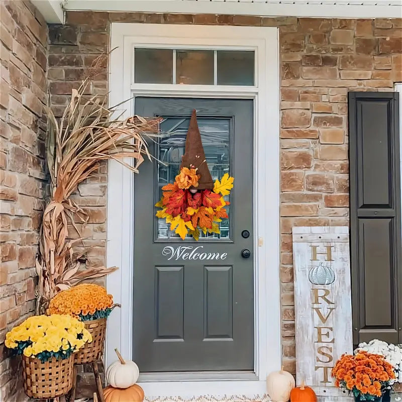 BowLift | Halloween Front Door Wreath | Fall Gnome & Maple Leaf Design | 16-Inch Rustic Decor