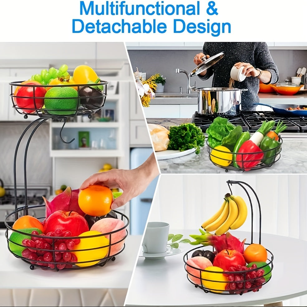 BowLift | 2-Layer Oval Fruit Basket with Banana Holder – Metal Kitchen Organizer