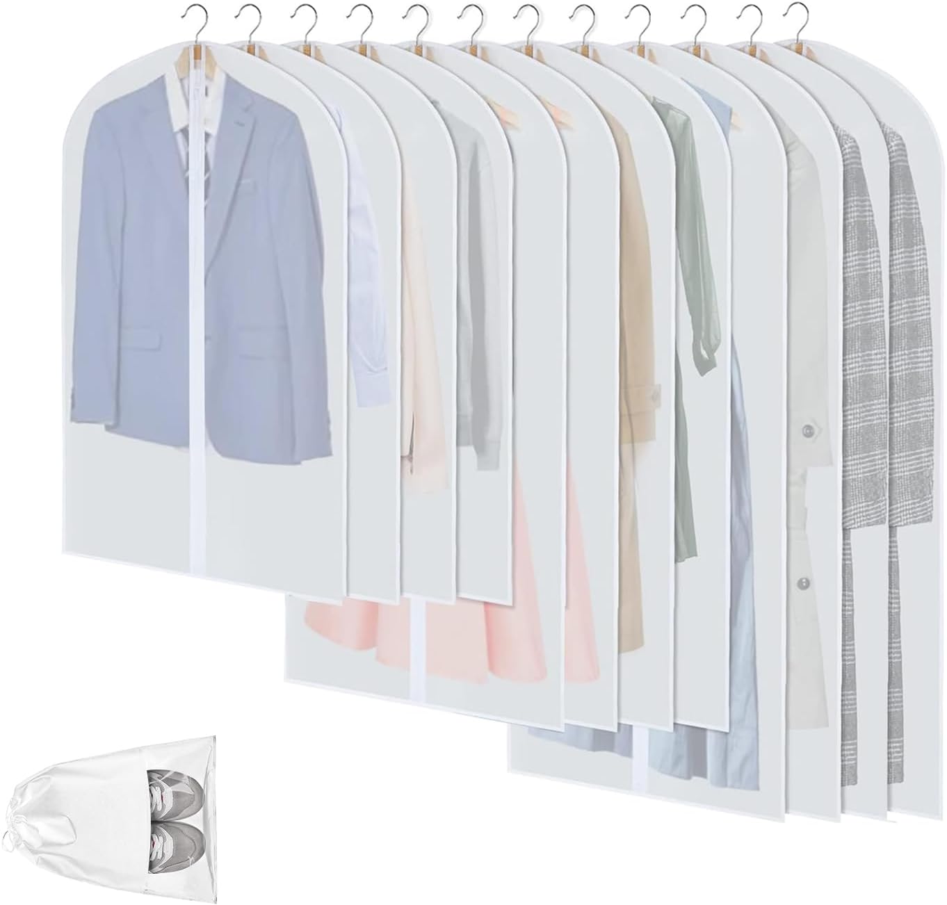 BowLift | Clear PEVA Garment Storage Bags – 12 Pack Dustproof Clothes Protectors – 1+1 FREE