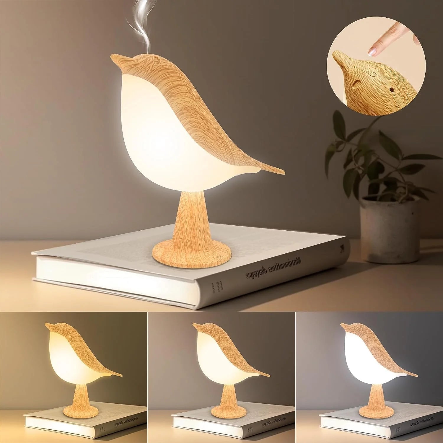 BowLift | Touch-Control Wooden Bird Night Light - Rechargeable LED Bedside Lamp