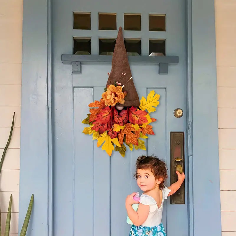 BowLift | Halloween Front Door Wreath | Fall Gnome & Maple Leaf Design | 16-Inch Rustic Decor