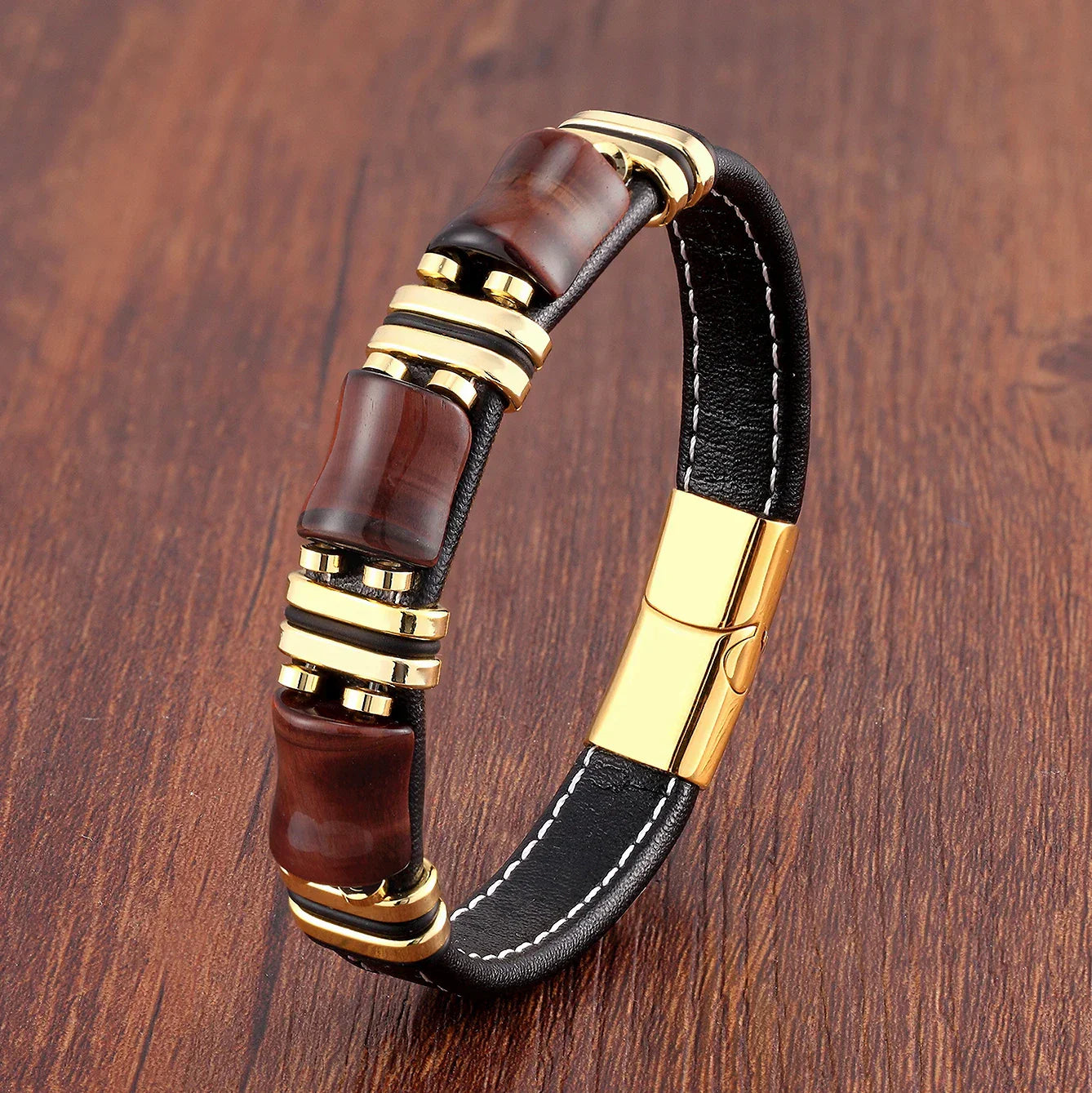 BowLift | Bracelet Leather Gold | Tiger Eye Beaded Men’s Jewelry
