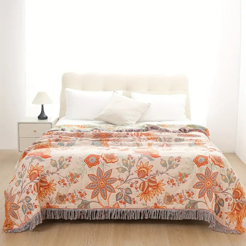 BowLift | Boho Floral Cotton Throw Blanket with Fringe – Cream & Orange