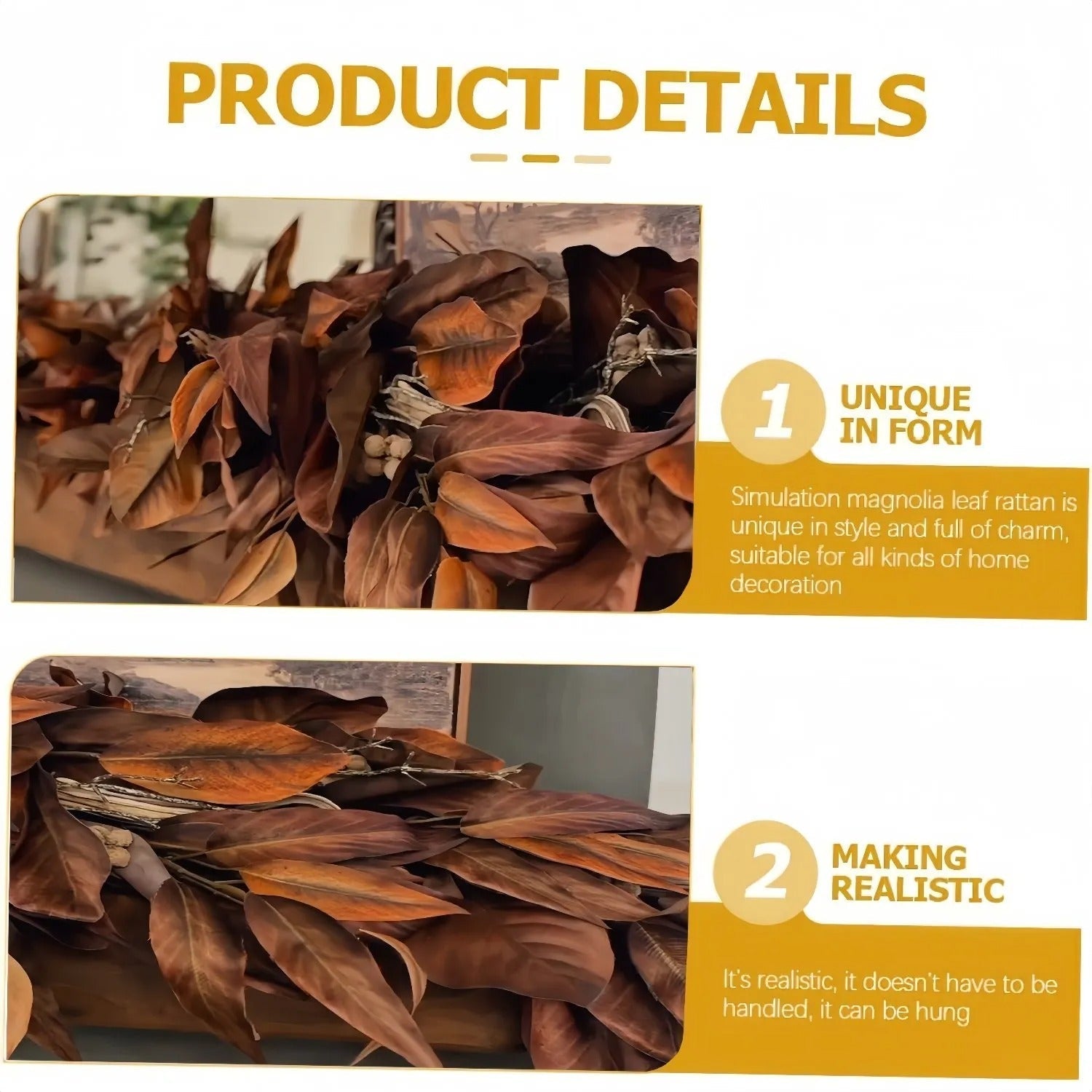 BowLift | Brown Magnolia Leaf Garland – realistic autumn decoration for indoor and covered outdoor areas