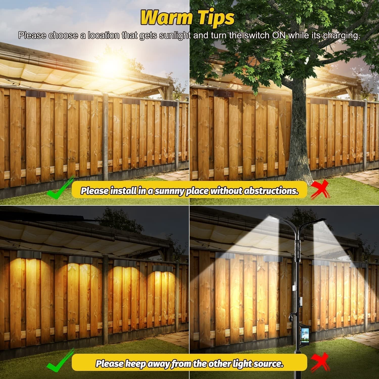 BowLift | Solar fence lights outdoor wall lights Waterproof IP65, Warm white & RGB 8 specific fixed colors for fence wall step deck patio
