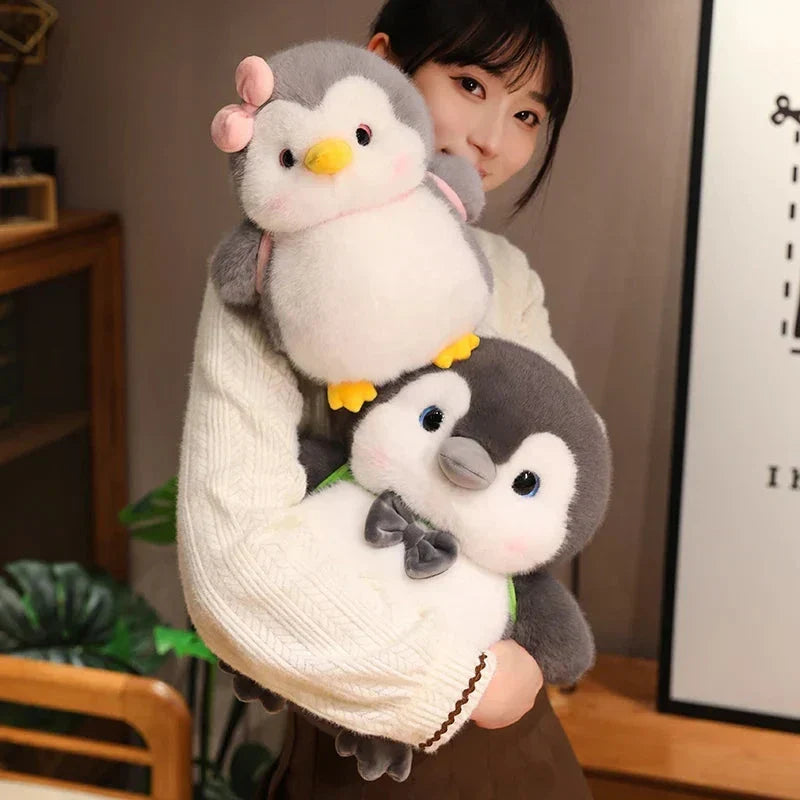BowLift | Fluffy Gray Penguin Plushie with Turtle Backpack