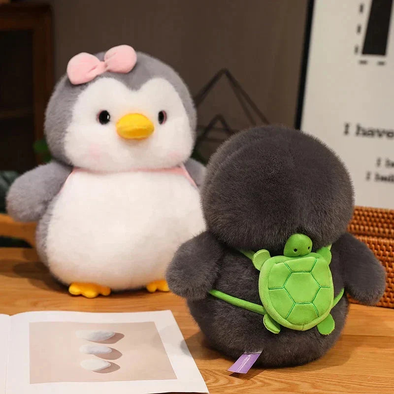 BowLift | Fluffy Gray Penguin Plushie with Turtle Backpack