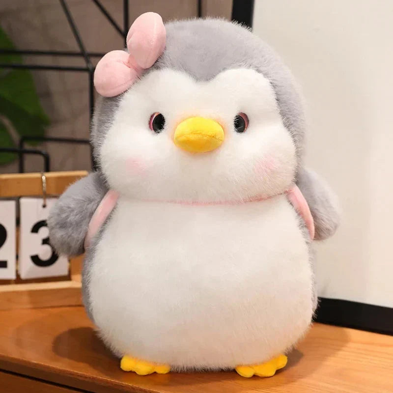 BowLift | Fluffy Gray Penguin Plushie with Turtle Backpack