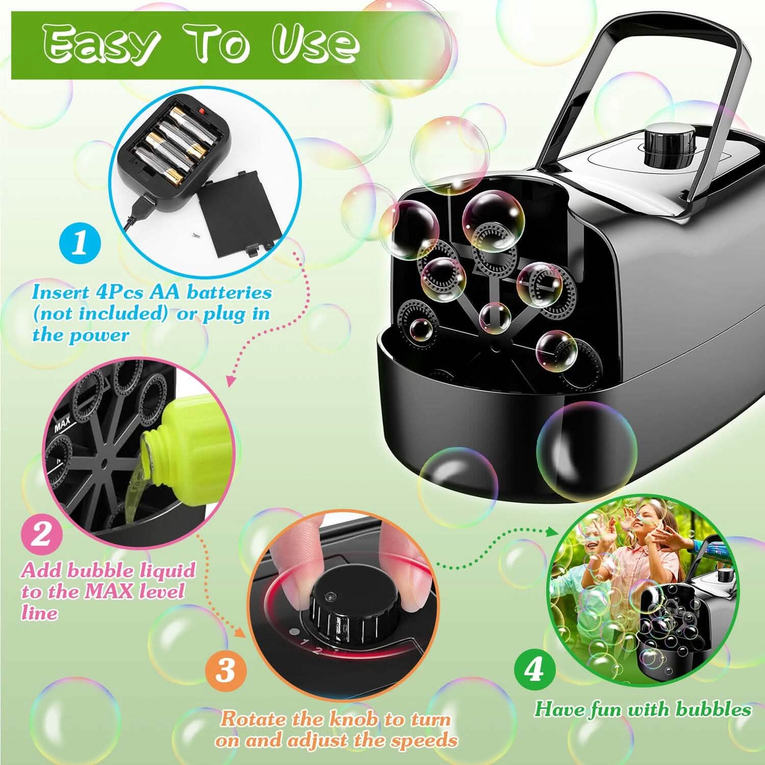 BowLift | Portable Bubble Machine with 2 Speeds Hand Grip 3000-4000 Bubbles per Minute Plug-powered Battery-powered