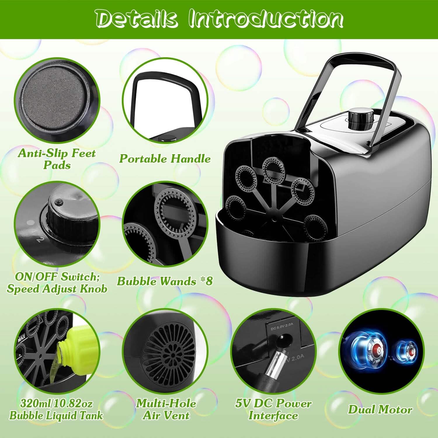 BowLift | Portable Bubble Machine with 2 Speeds Hand Grip 3000-4000 Bubbles per Minute Plug-powered Battery-powered