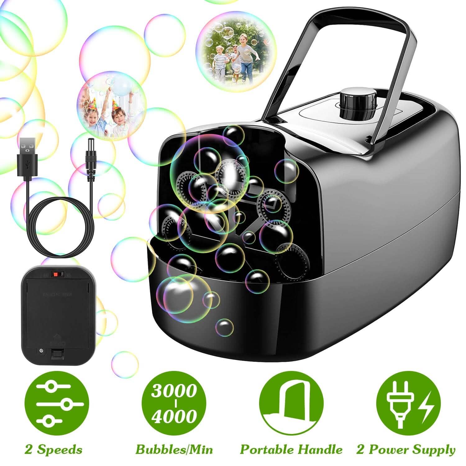 BowLift | Portable Bubble Machine with 2 Speeds Hand Grip 3000-4000 Bubbles per Minute Plug-powered Battery-powered