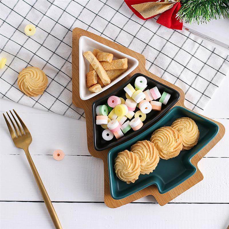BowLift | Christmas Tree Ceramic Plates With Bamboo Base Stand