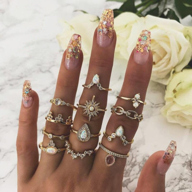 BowLift | Fashion Crystal Gold color Geometric Knuckle Rings set