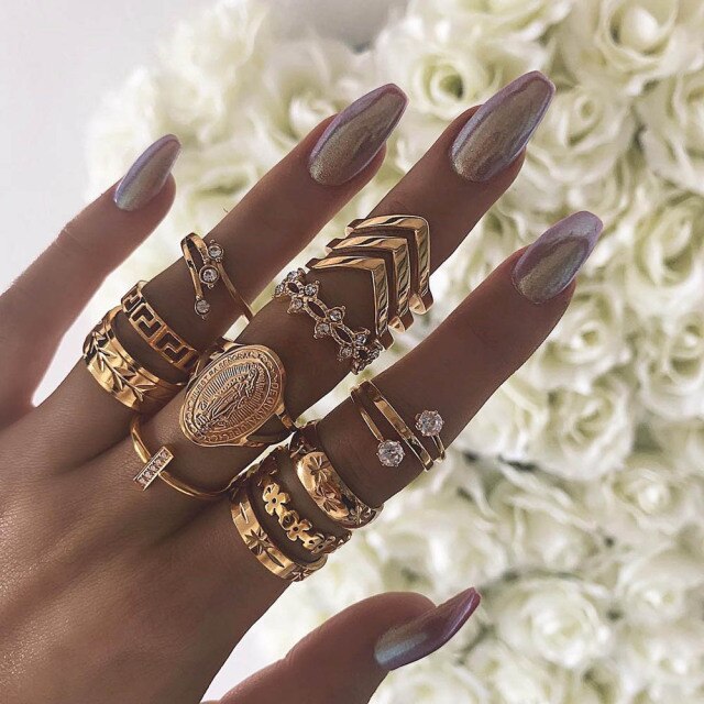 BowLift | Fashion Crystal Gold color Geometric Knuckle Rings set