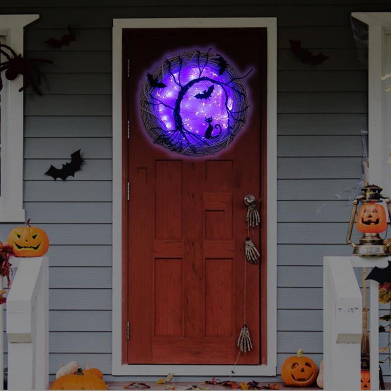 BowLift | Black Bat Cat Halloween Door Wreath Led Light
